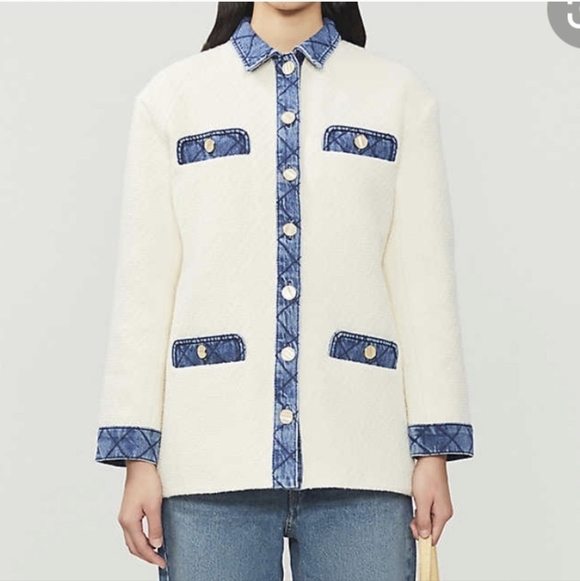 SANDRO Chelby Tweed Denim Jacket White Blue Coat 38 6 Medium - Picture 5 of 10